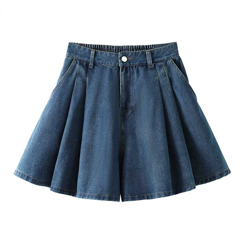 

Джинсовые шорты-юбка с высокой талией для женщин: новые летние универсальные шорты с эластичным поясом, элегантные плиссированные шорты А-силуэта с широкими штанинами