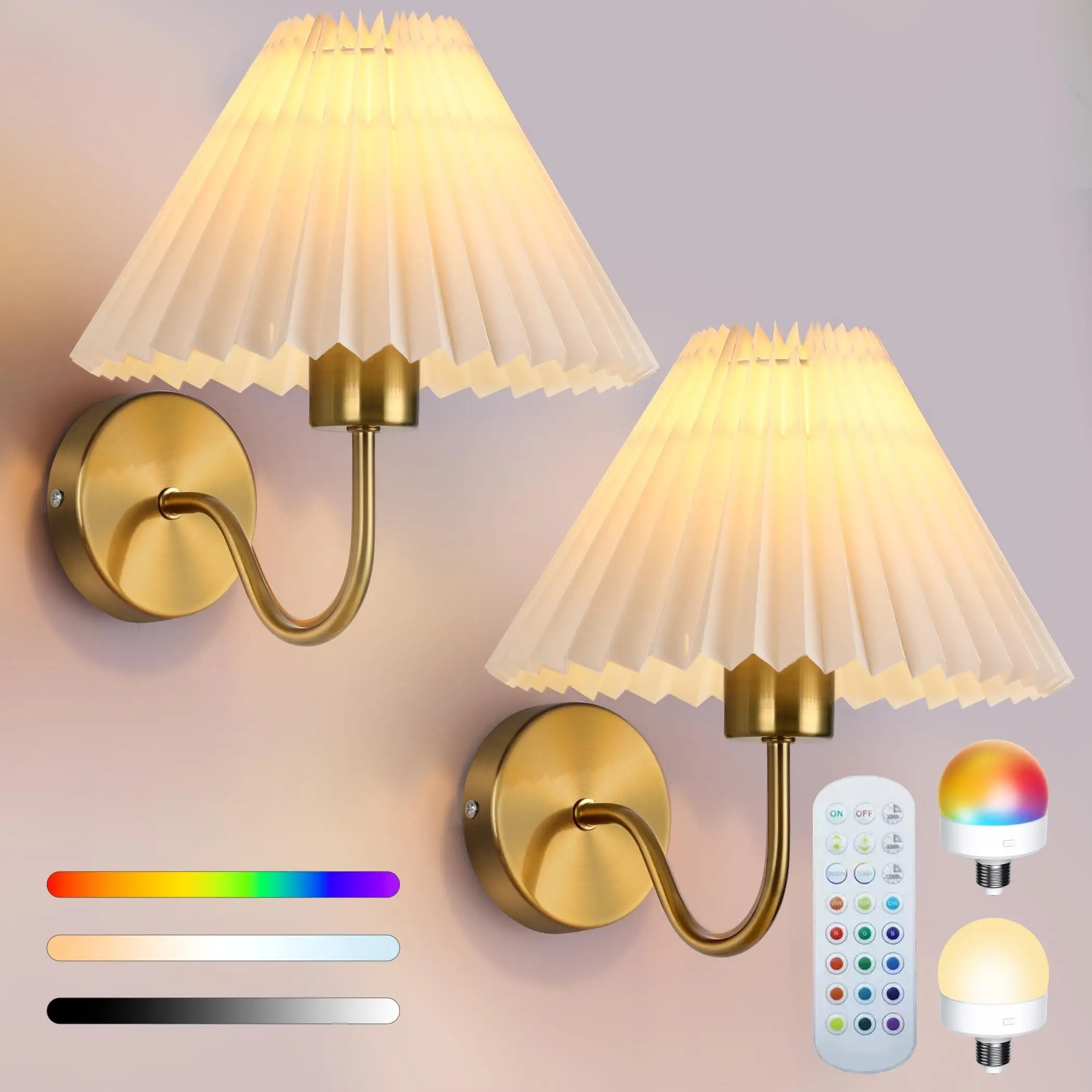 2pc Wall Lights Battery Operated Wall Sconces Gold Wireless Wall lamp with Remote RGB Colors Modes Rechargeable Home Ddcor Light