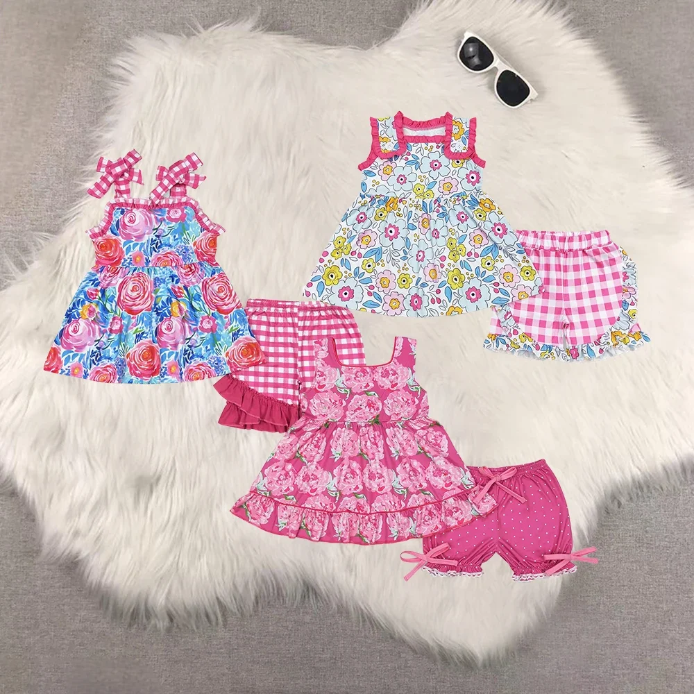 

Sibling Baby Girls Pink Flowers Ruffle Tunic Shorts Clothes Sets