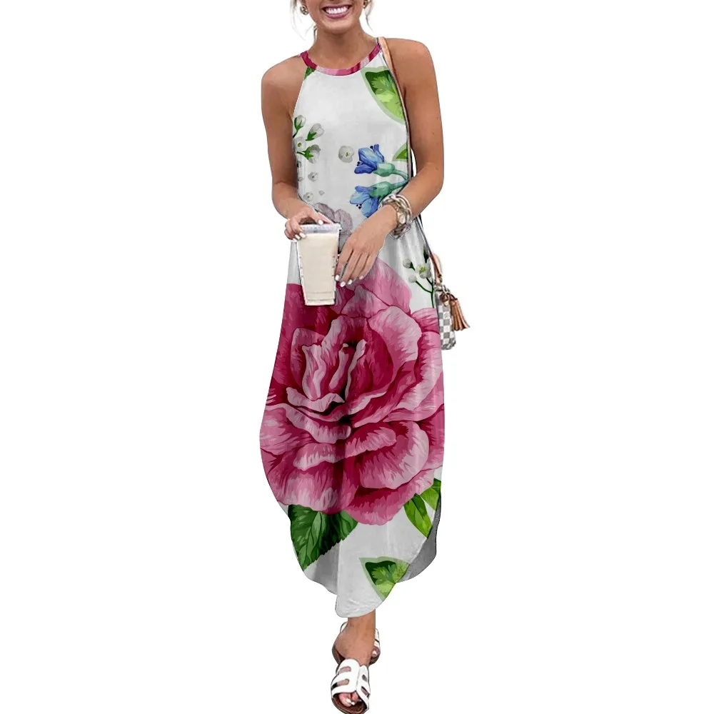 

Floral Roses Print Patchwork Print Women Casual Short Sleeve Camisole Dress Loose Long Double Pocket Beach Resort Woman Dress-