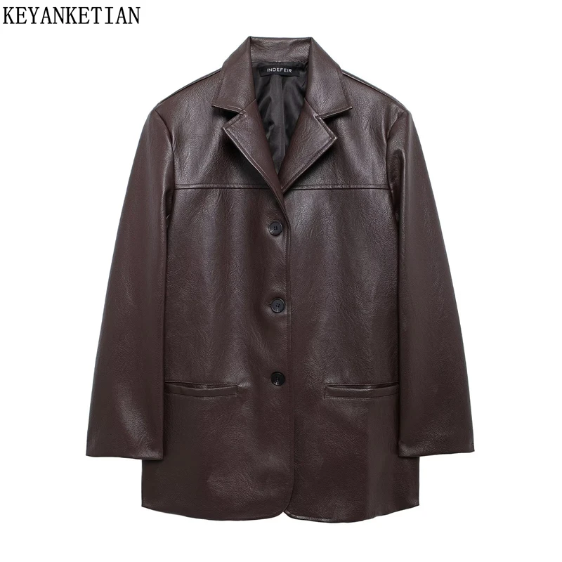 KEYANKETIAN 2025 New Women's Faux leather Suit Jacket Retro style Single Breasted Double Pockets Loose Mid-length Blazer Top