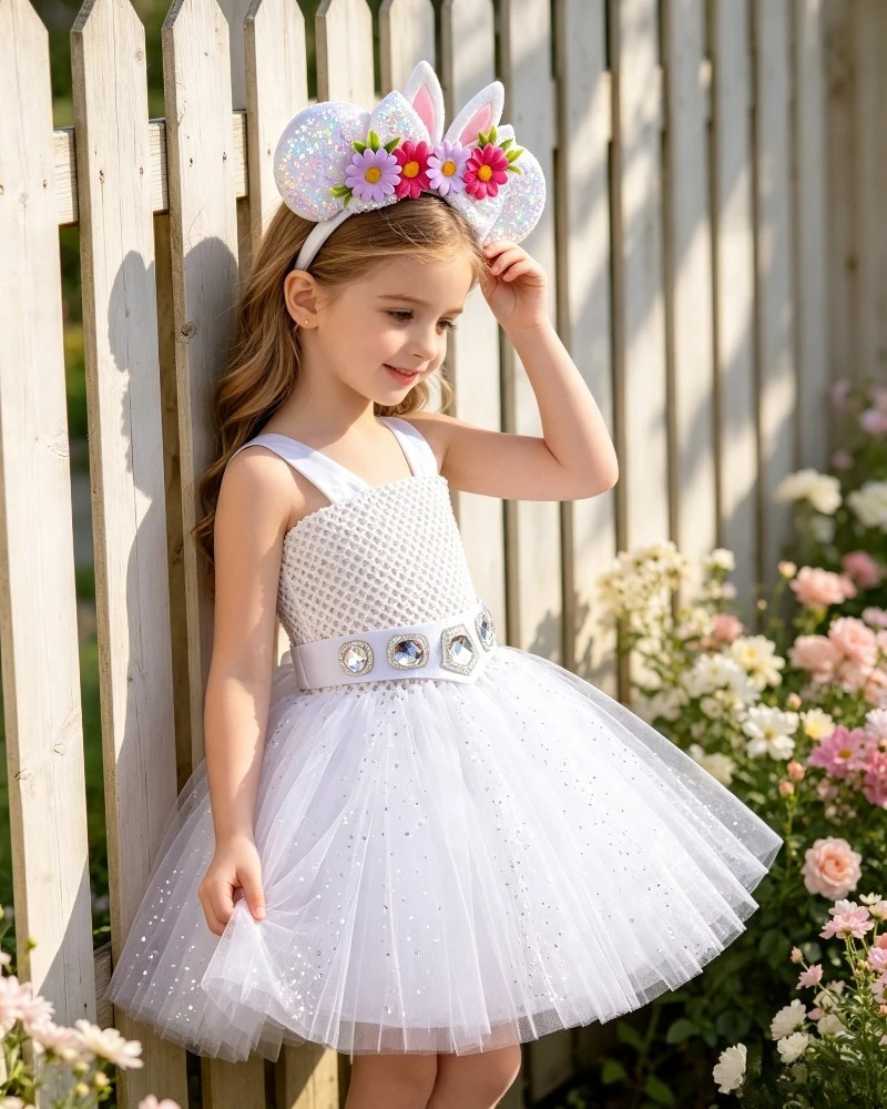 Halloween Kids White Mesh Tutu Dress Set Girls Fluffy Tulle Outfit With Matching Headband Stage Outdoor Themed PerformanceAttire
