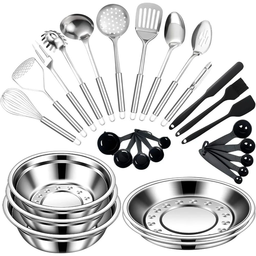

cooking utensils set stainless steel, 28 pcs practical kitchen utensils set with mixing bowls and metal plates, plastic measurin