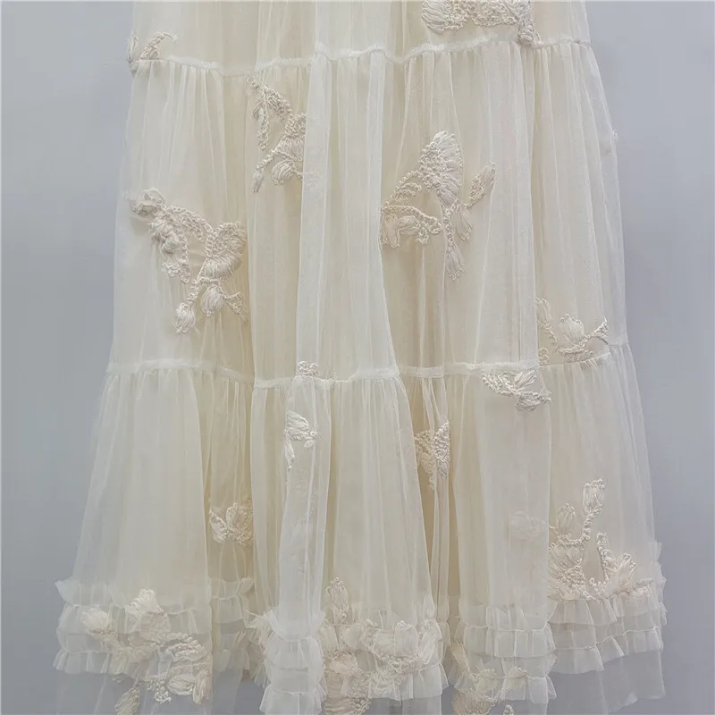 HKSH 봄 가을 신상 여성 스커트 자수 메쉬 플리츠 엘라스틱 웨이스트 프렌치 젠틀 엘레강트 A라인 스위트 인스 스커트 HK17229