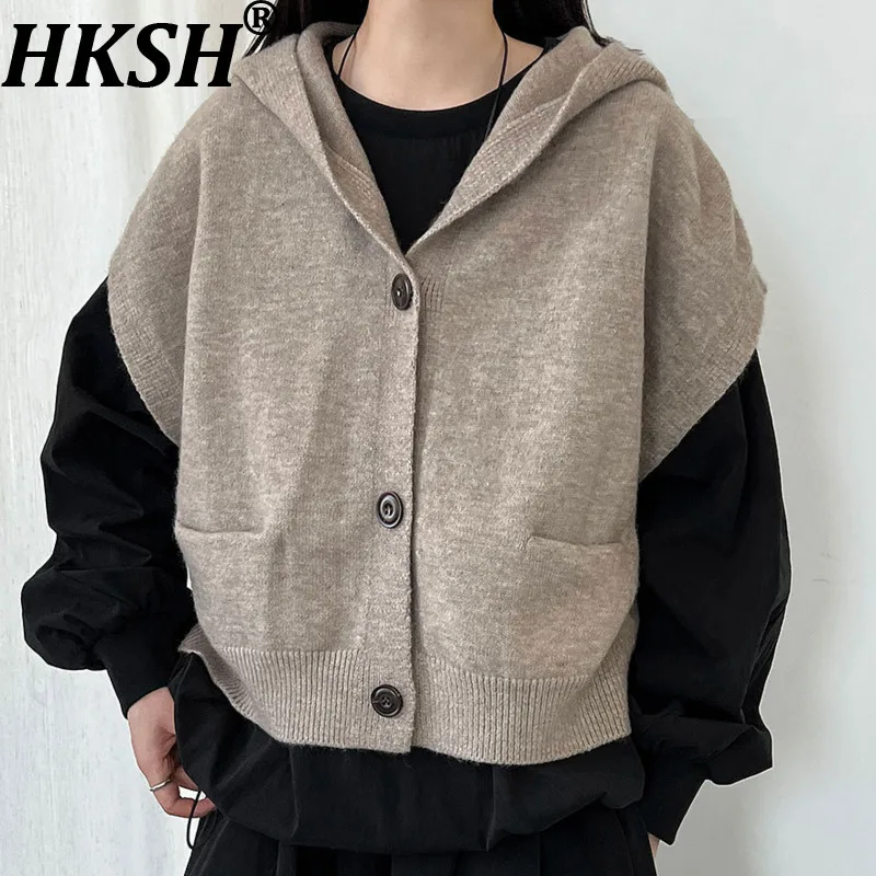 

HKSH весна осень новый женский жилет с капюшоном однобортный вязаный кардиган без рукавов универсальный шикарный короткий жилет HK12883