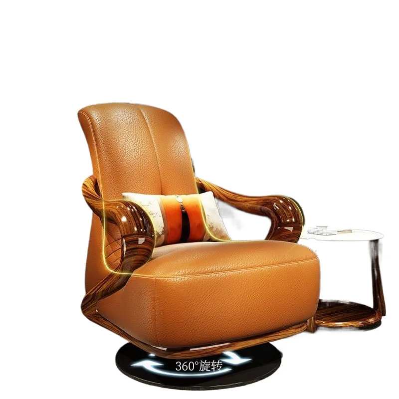 

2025 new modern ebony leather sofa single chair, living room villa new Chinese solid wood rotating leisure chair