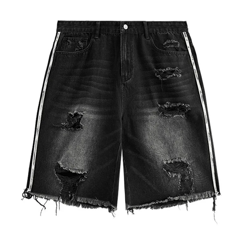 Hi Street Ripped Pleated Casual Denim Shorts Washed Streetwear Patchwork Jeans Shorts For Male