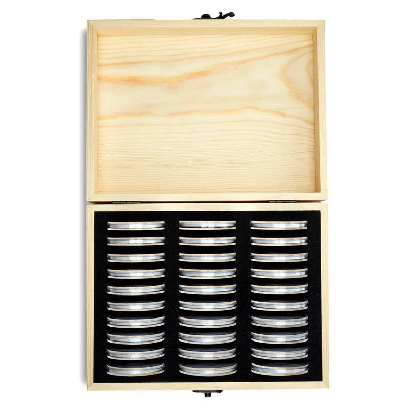 ABWR-Wooden Coin Display Storage Box Case For Coin Collectible With 30 Capsules Coins Display Box