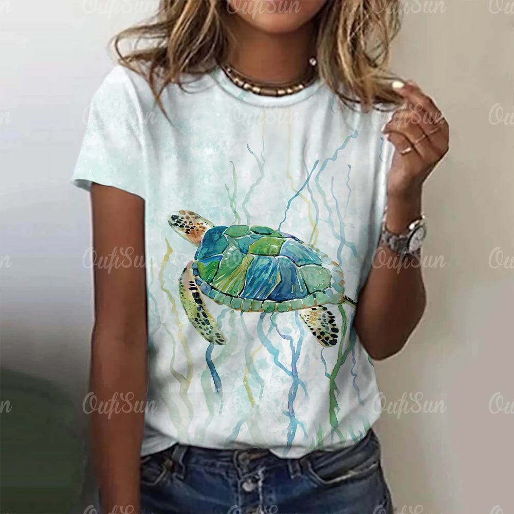 3D Sea Turtle Seahorse Print Tees Casual Cartoon Short Sleeves Women\'s T-shirts Tops Summer Fashion Pullover Women Clothing