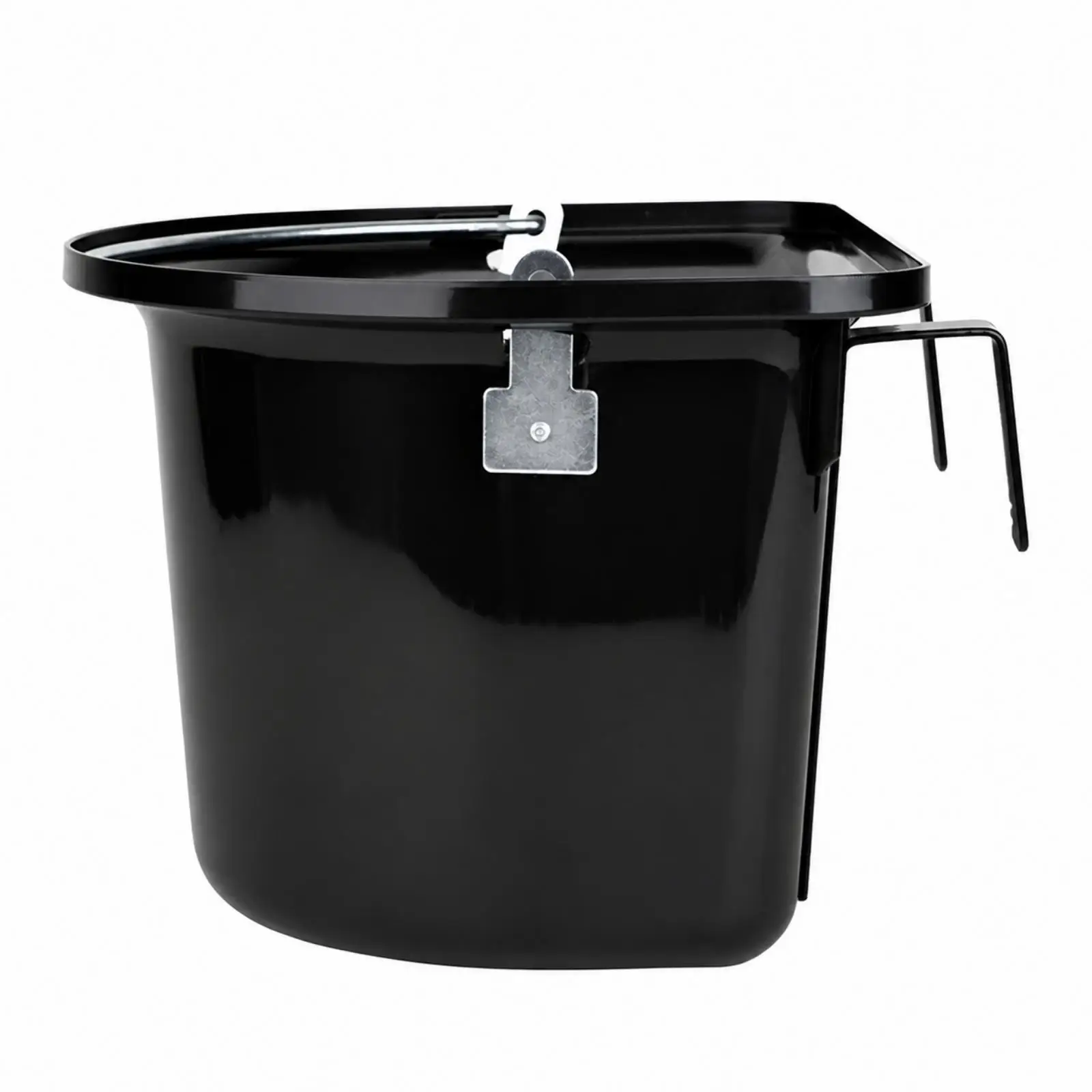 Black Glossy Barn Feed Bucket with Hanging Hook Handle for Equine Hay Rack Stall Wall Mounted Feeder