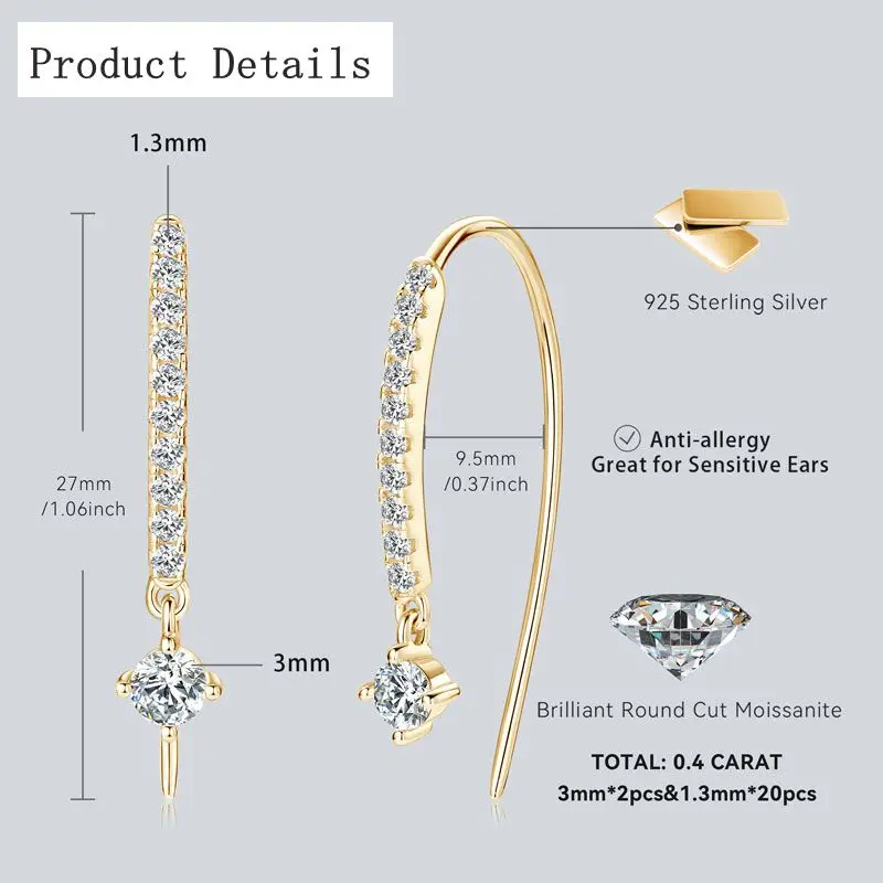 RAPRGOLD VVS1 جولة مويسانيتي U على شكل وأقراط للنساء الفتيات 925 فضة القرط Pendientes غرامة مجوهرات هدايا #2