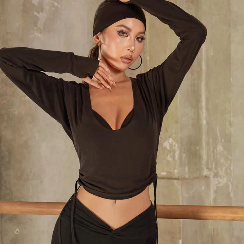 ZYM personalizzato retro vita che dimagrisce design top da ballo latino top uniforme da allenamento con maniche larghe chaussure danse latino femme