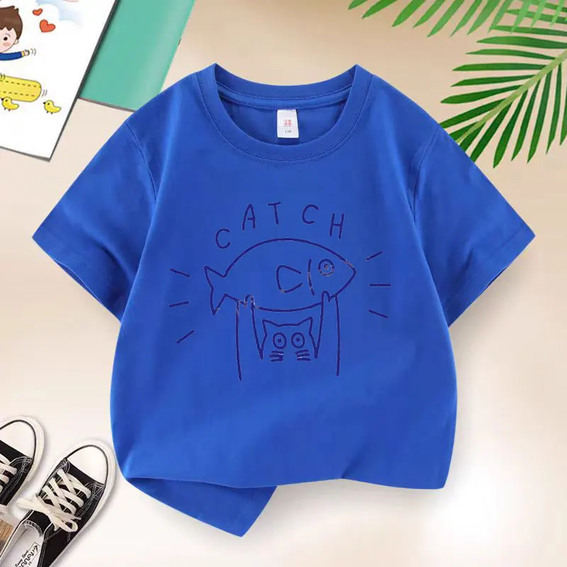 Image of CAT Catch Fish T-Shirt für Jungen, Baumwolle, Kinder-T-Shirt, lässige Kinder-Freizeitkleidung, Teenager-Baby-Jungen, Sommer-Tops, 6, 8, 10, 12 Jahre