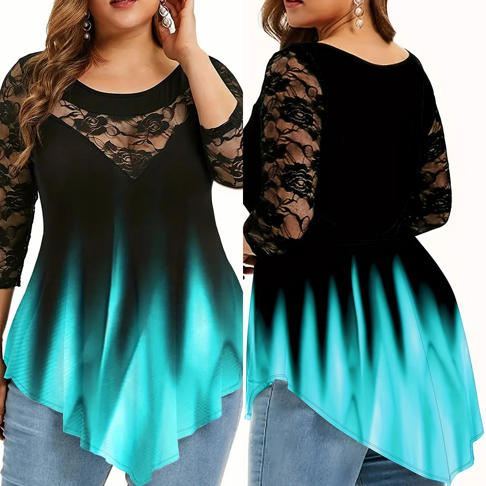 Women\'s Lace 3/4 Sleeve Tunic Tops Ladies Gradient T-Shirt Blouse High Quality Clothing Plus Size 2023