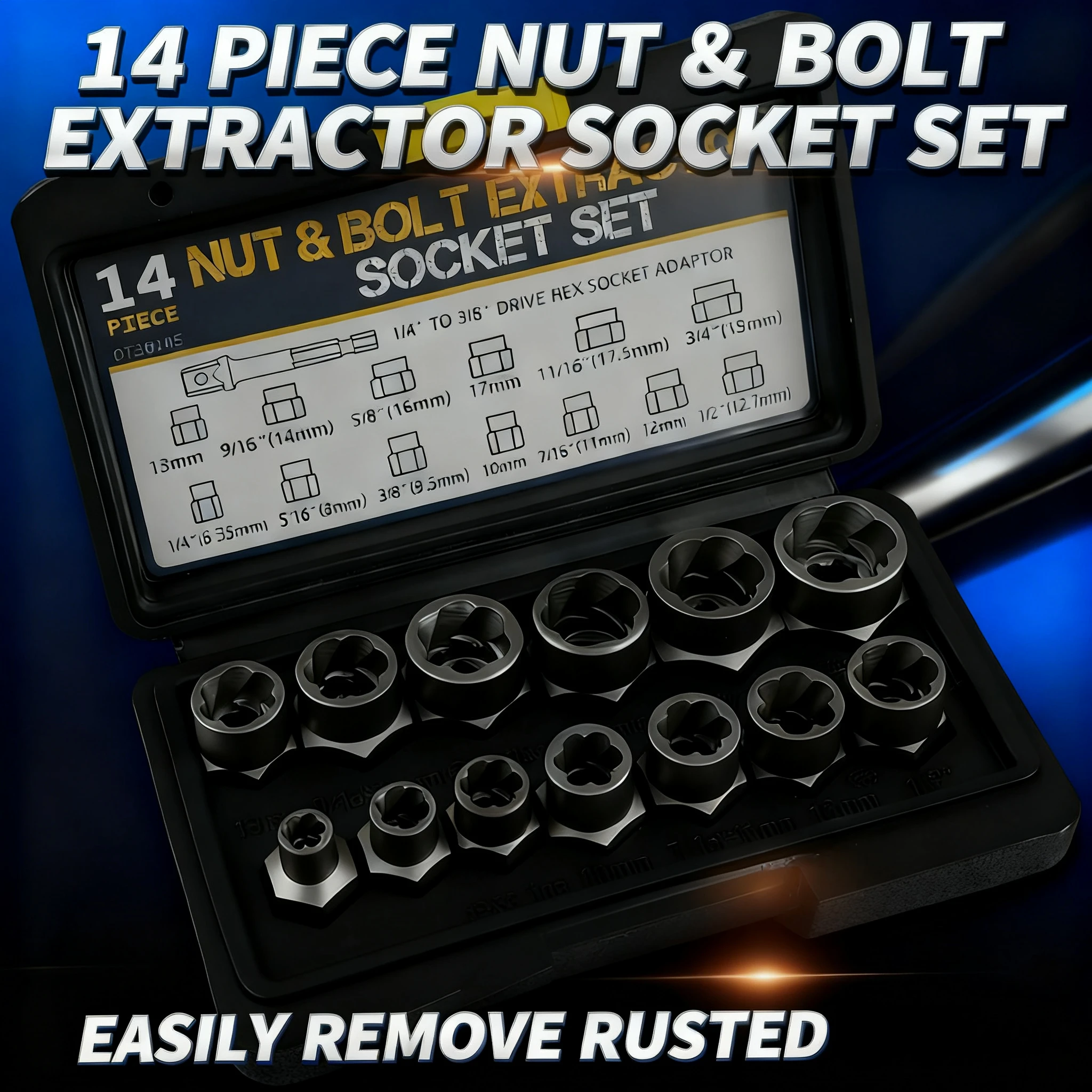 

14-компонентный набор инструментов для снятия ударных болтов и гаек, набор инструментов для извлечения болтов из стали Cr-Mo с прочным футляром для хранения промышленного падения