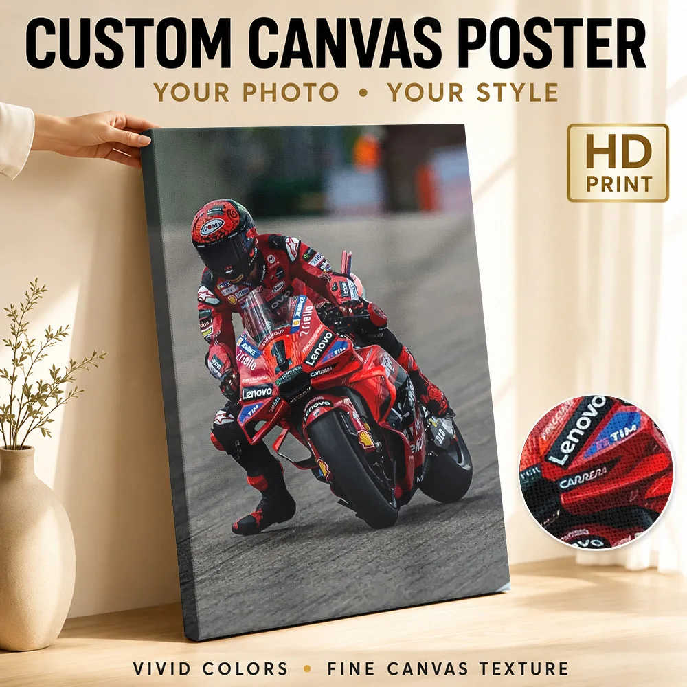 MotoGP Rider Leaning Into Turn Canvas Painting Poster Bold Style Wall Decor With Customized Photo For Garage Ideal Birthday Gift