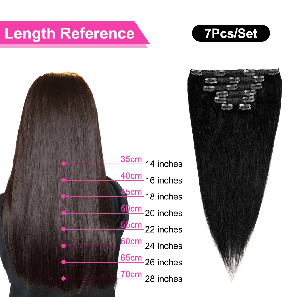 Brazilian Clip-In Remy Extensões de cabelo humano, 100% cabelo humano, Clip Stright, Jet Black, 14-28 em, 120G, 7 PCs/Pack