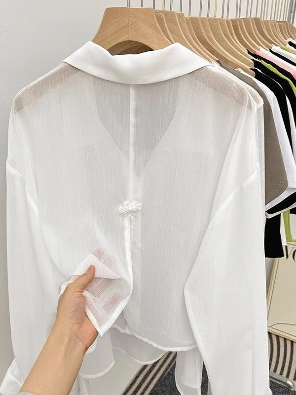 White Ice Silk Open Cardigan Women's Summer Thin Long Sleeve Chiffon Shirt Outer Design Thin Veil Short Jacket Sun Protection
