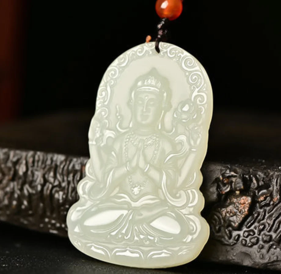 

Fine Jewelry Natural Hetian Nephrite Jade White Jade Four Armed Guanyin Brand Jade Pendant for Men