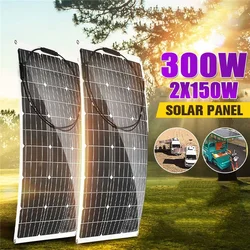 150W/300W Solar Panel Kit Semi-flexible Monocrystalline Solar Cells Bank Pack Connector for Phone Car RV Boat Charger Outdoor