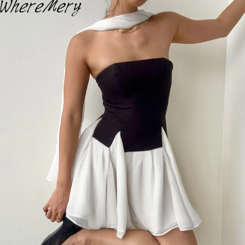 

WhereMery Elegant Off Shoulder Scarf Collar Strapless Tank Top + Pleated Solid Mini Skirt Summer Fashion Party Club 2 Piece Set