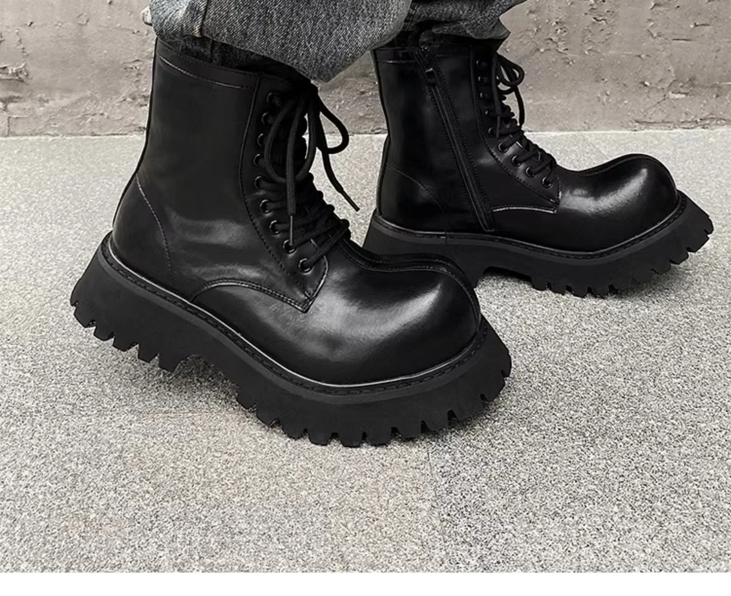 High Top Handsome Short Boots for Men Leather Side Zipper Motorcycle Work Shoes Leather Height Increased 5CM Comfortable