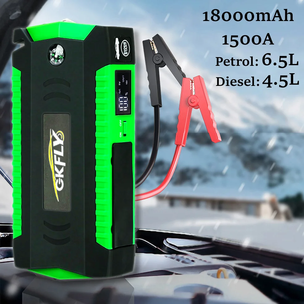 GKFLY 1500A Car Jump Starter 18000mAh Power Bank 12V Portable Car Starter Starting Device Booster Starter with Cables Buster LED