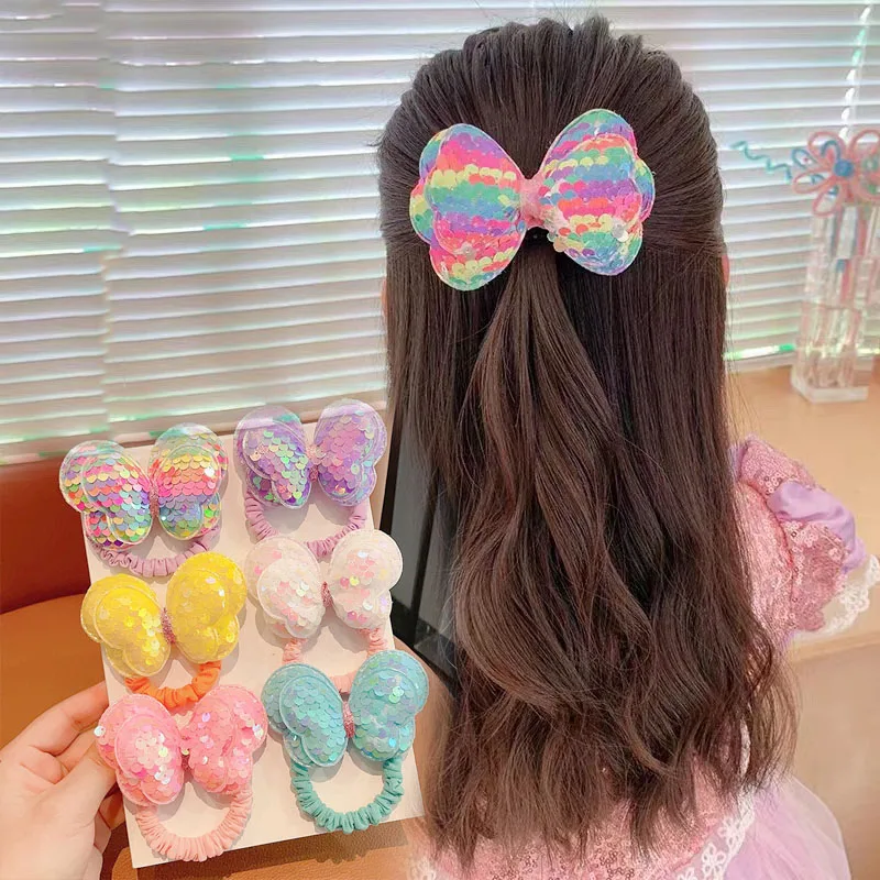 

Корейские веревки для волос с бантом и блестками для девочек, милые красочные эластичные детские петли для волос принцессы, резинки для девочек, детские аксессуары для волос