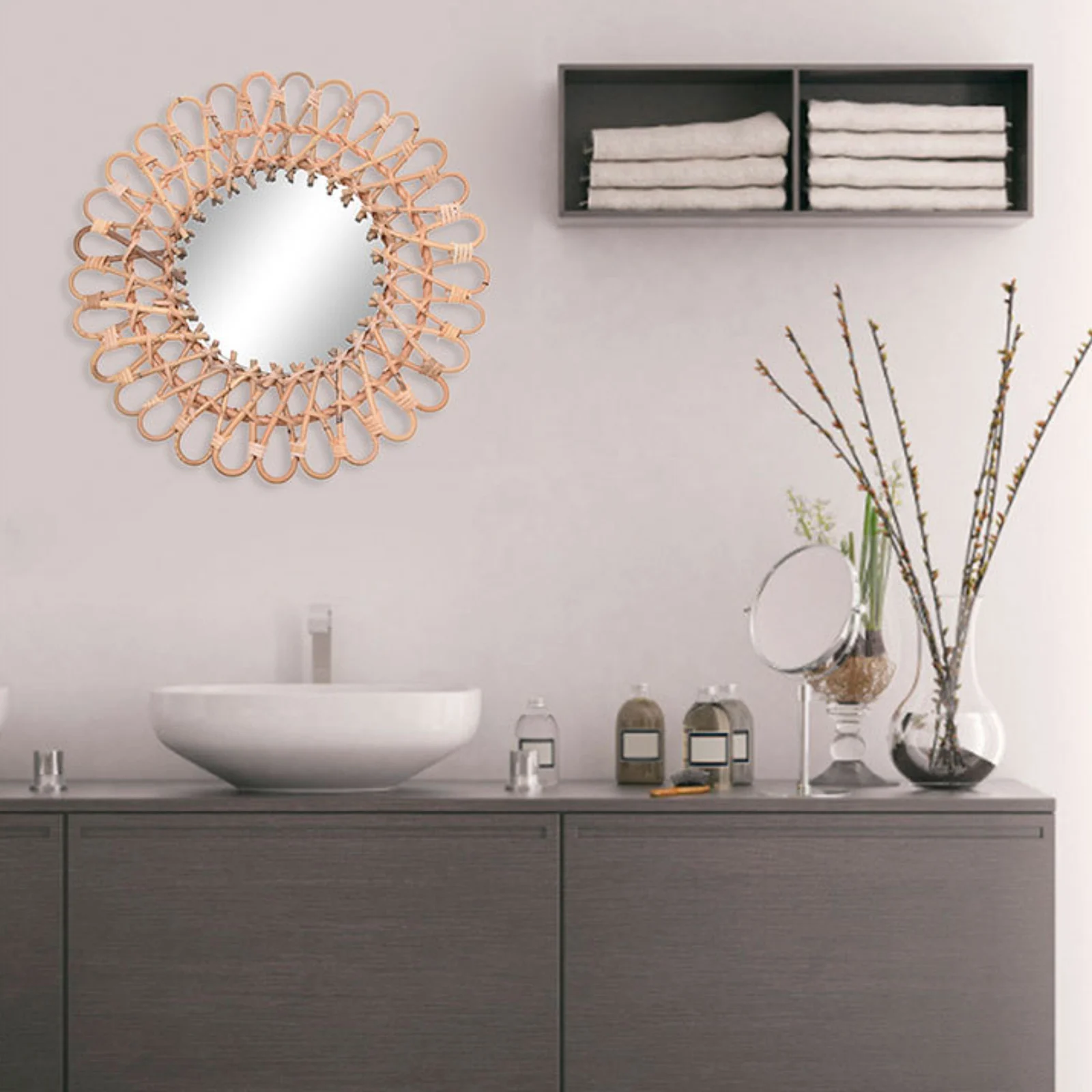 Nordic Design Rattan Mirrors For Home Bathroom Round Wicker Wall Mounted Mirror Art Mirrors