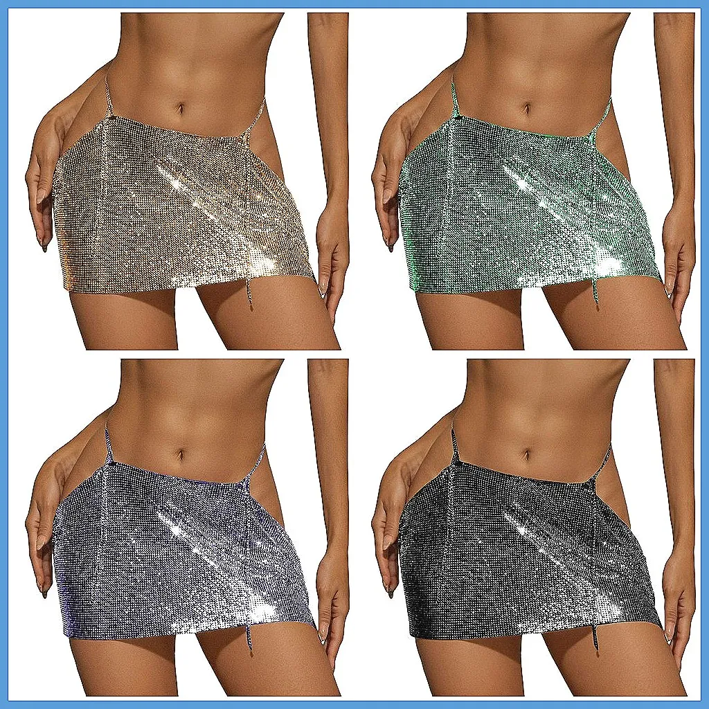 Sparkly Sequin Mini Skirt with Metal Chain Waistband, Sexy Glitter Clubwear for Rave Party