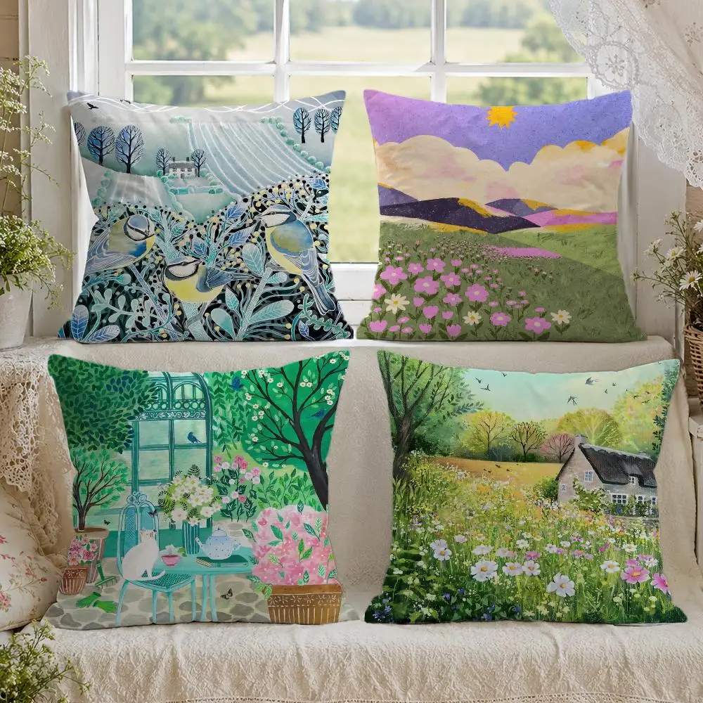 Springtime Natural Countryside Farm Cushion Cover 1/4PCS Linen Sofa Couch Bedroom Living Room Home Office Decor Pillow Case