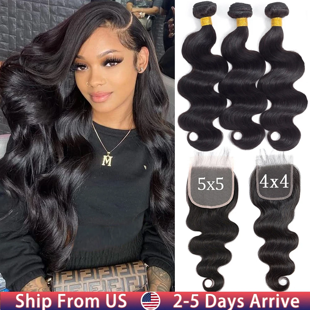 Body Wave Bundles With Closure Brazilian Human Hair Weave Bundles With 4x4 5x5 Lace Closure Hair Extension 3/4 Bundles Remy