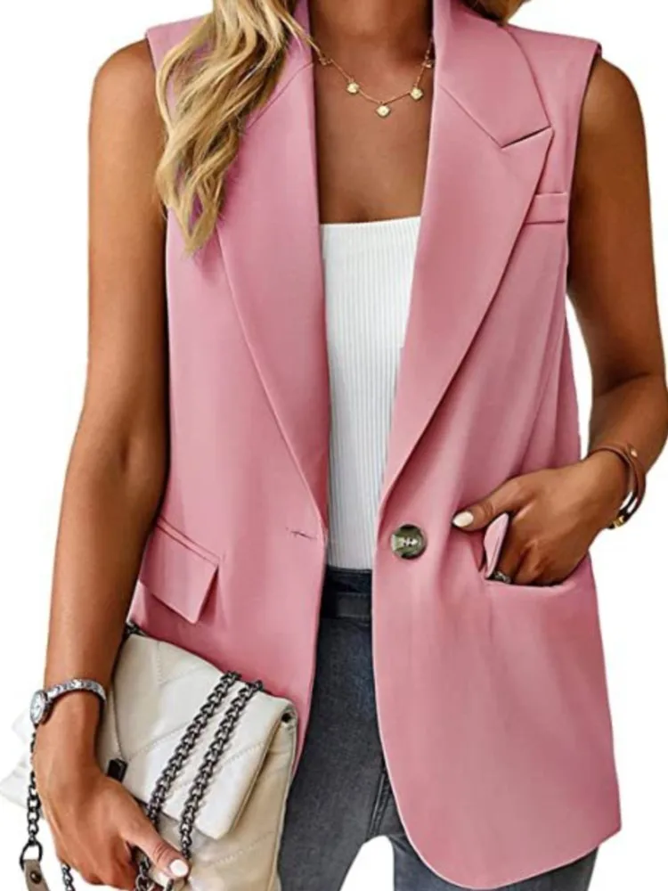 Casual Sleeveless Suit Vet Office Lady Spring Autumn Fashion Elegant Solid Turn Down Collar Blazer Coats For Women 2023 Tops