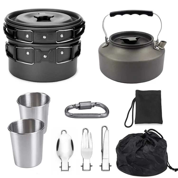 Hot Sell 10pcs Camping Cookware 2-3 Person Aluminium Alloy Camping Cooking Utensils Folding Camping Cooking Set