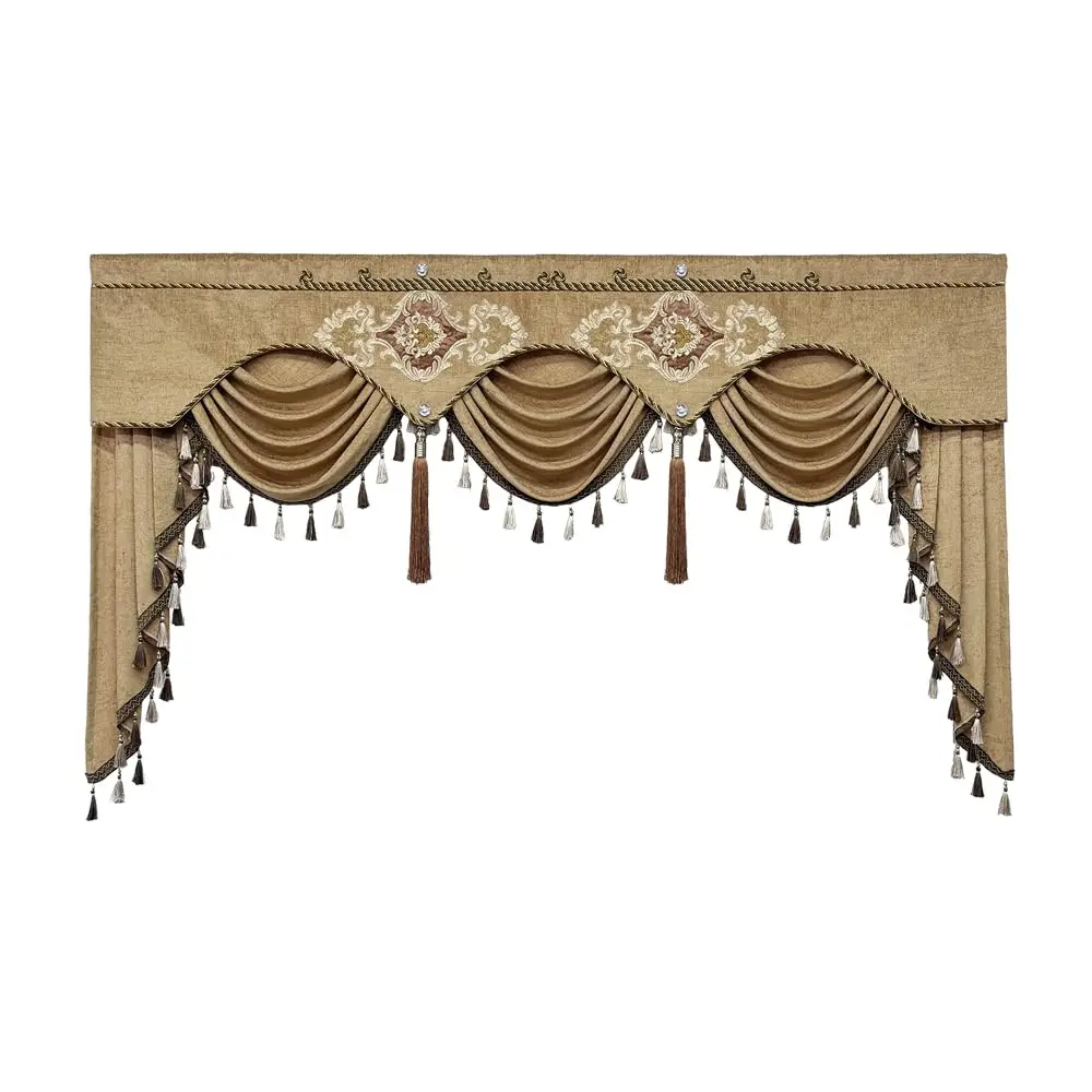 European Brown Floral Valance for Living Room, Embroidered Swag Valance