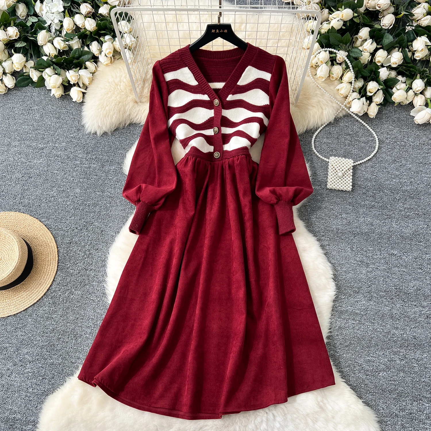 Elegant V-neck Vintage Long Sleeve Chic Wavy Striped Knit Spliced Slim Dresses Korean High Street Evening Autumn Winter Clothing