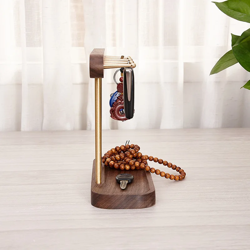Key Organizer Rack Minimalist Wood Brass Key Storage Stand with Tray North American Black Walnut Home Decor Organizer