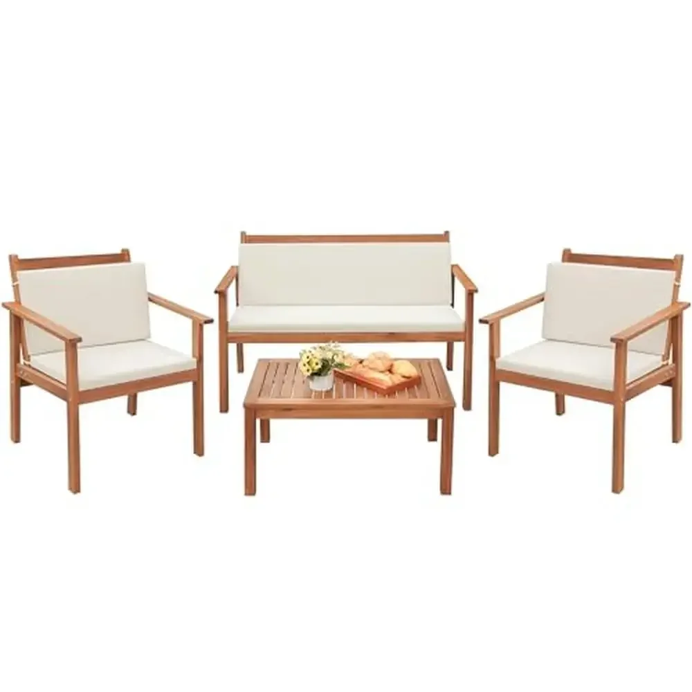 Outdoor Acacia Wood Patio Furniture Set with Water Resistant Cushions and Coffee Table Beach Backyard Garden