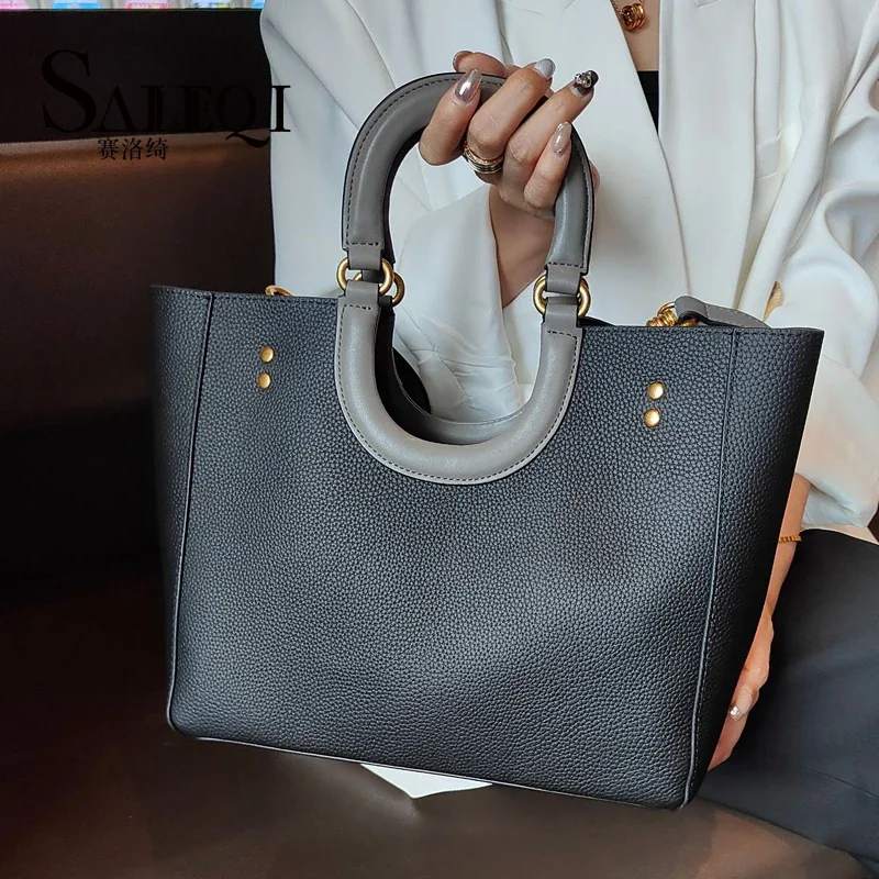 New Genuine Leather Women's Bag Retro Casual Contrast Tote Bag Commuting Large Capacity One Shoulder Handbag Crossbody Bag