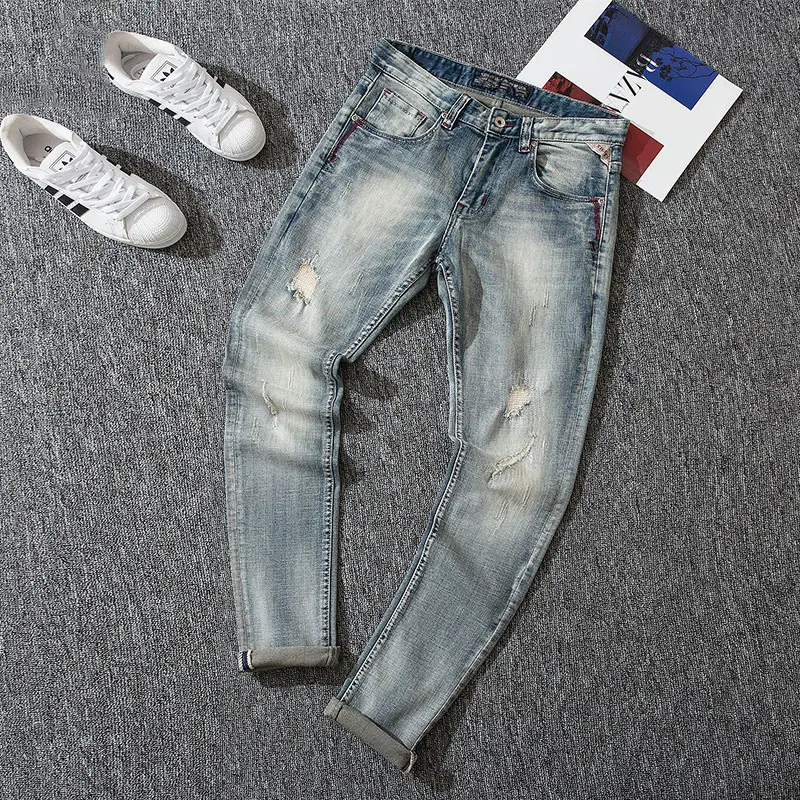 

Fashion Designer Men Jeans High Quality Retro Light Blue Elastic Slim Fit Ripped Jeans Men Patched Vintage Denim Pants Hombre