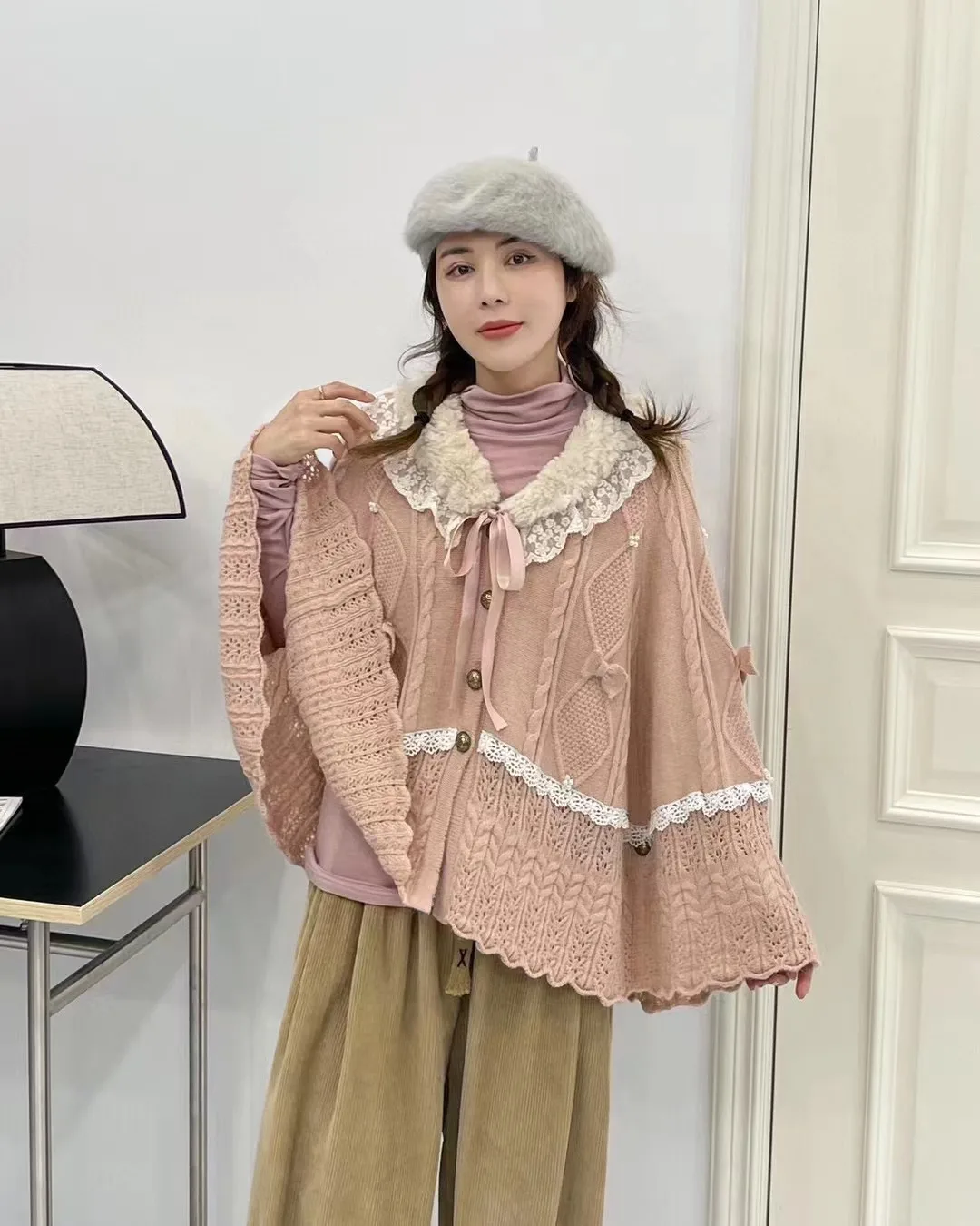 سترة جديدة بأكمام طويلة من القطن لخريف 2025، سترة نسائية بياقة بيتر بان من الدانتيل، سترة صوفية فضفاضة حلوة لفتاة موري C5O428CC