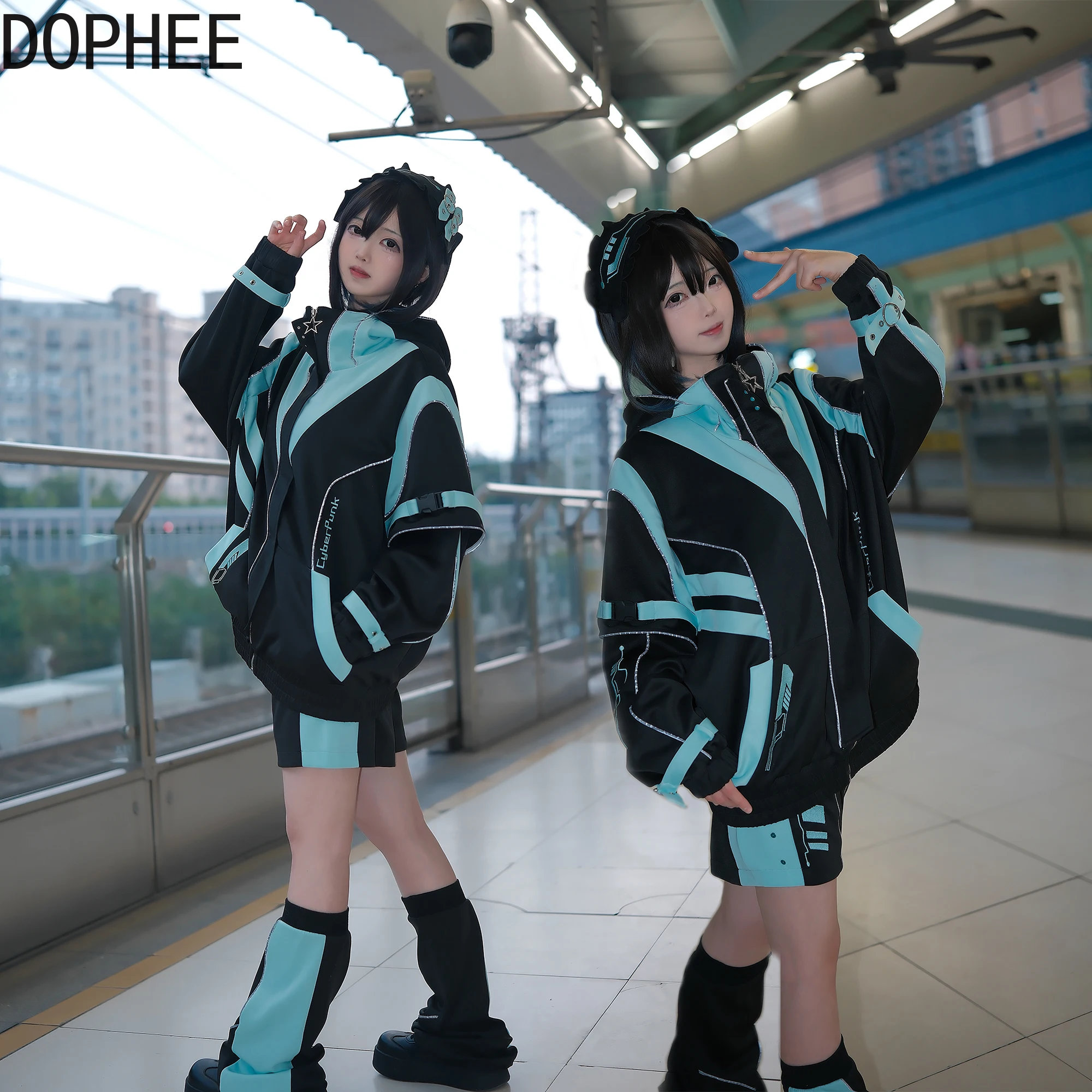 

Японские оригинальные 2D функциональные наборы, куртка на молнии с длинными рукавами и цветными блоками, пальто, шорты с эластичной резинкой на талии, гетры, повязка для волос