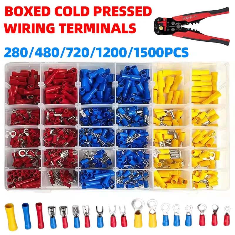 280-1500pcs Cold Pressed Wiring Terminal Combination Box with Crimp Spatula Butt Ring Fork Kit Ring Lug Rolled Terminal Kit