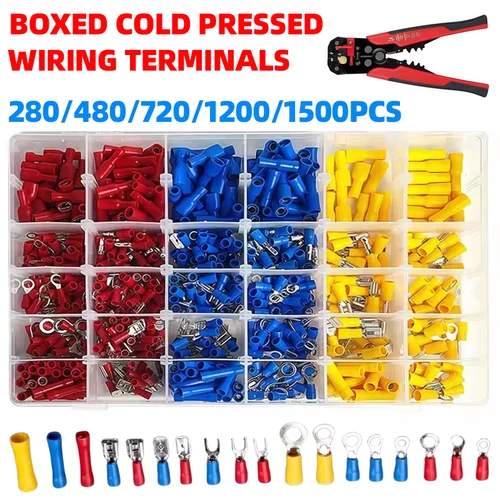 Caja combinada de terminales de cableado prensado en frío, 280-1500 Uds., con espátula de engarzado, Kit de horquilla de anillo a tope, Kit de terminales enrollados con terminal de anillo