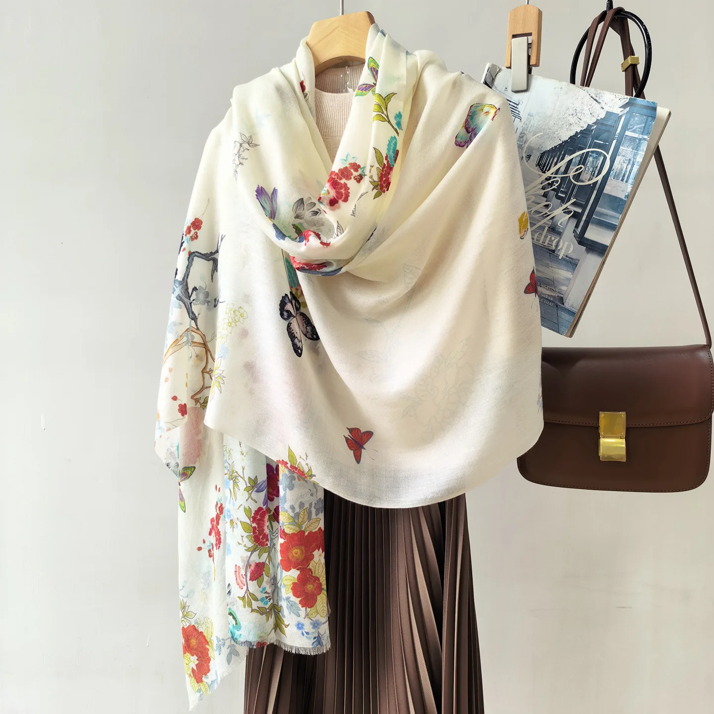 Women's 100% Wool Large Shawl Watercolor Butterfly Floral Print Scarf Soft Neck Wrap Vintage Botanical Shoulder Cape Cover