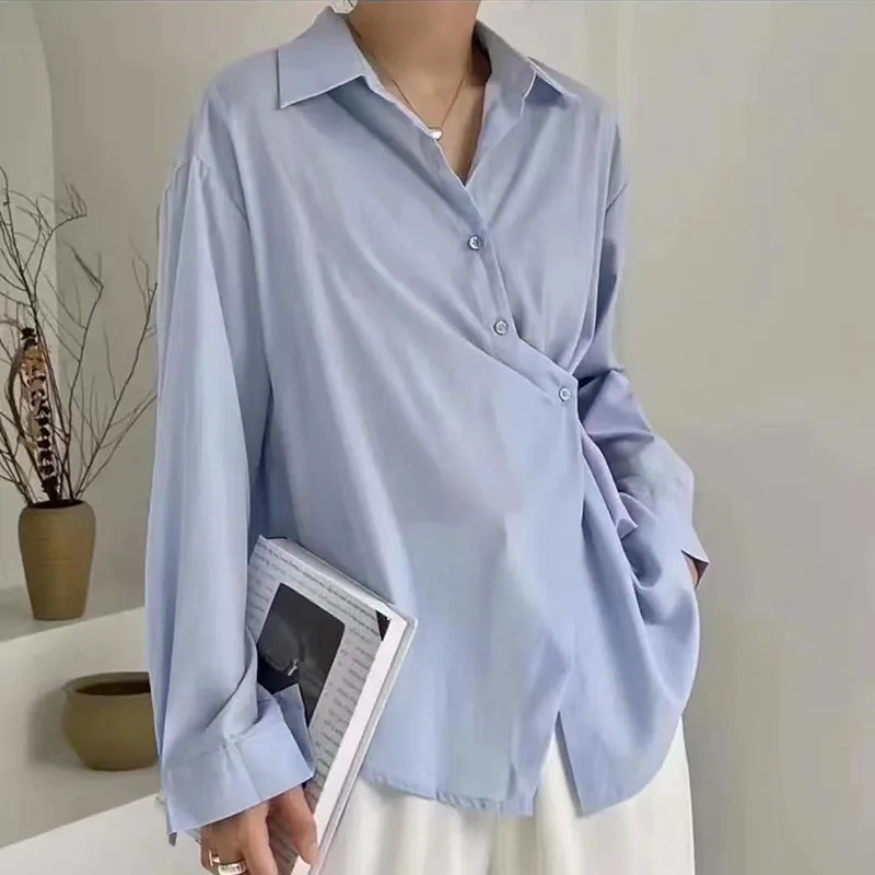 2023 Spring Autumn New Style Diagonal Button Long Sleeve Chiffon Solid Shirt Women\'s Loose Fitting and Versatile Fashion Blouses