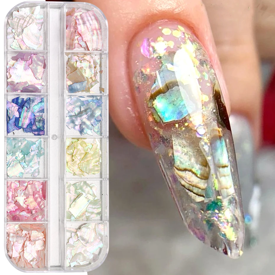 

12 Grid Glitter Shiny Abalone Shell Flakes For Nail Art Decoration 3D Charms Sea Shell Slices DIY Manicure Paillette Accessories