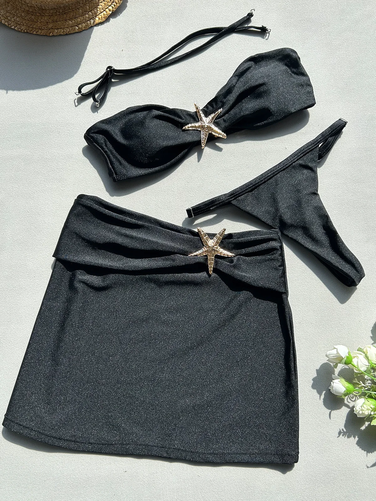 

Бикини с высоким вырезом и металлической звездой и юбкой, женские купальники, женский купальник, комплект бикини из трех частей, купальный костюм