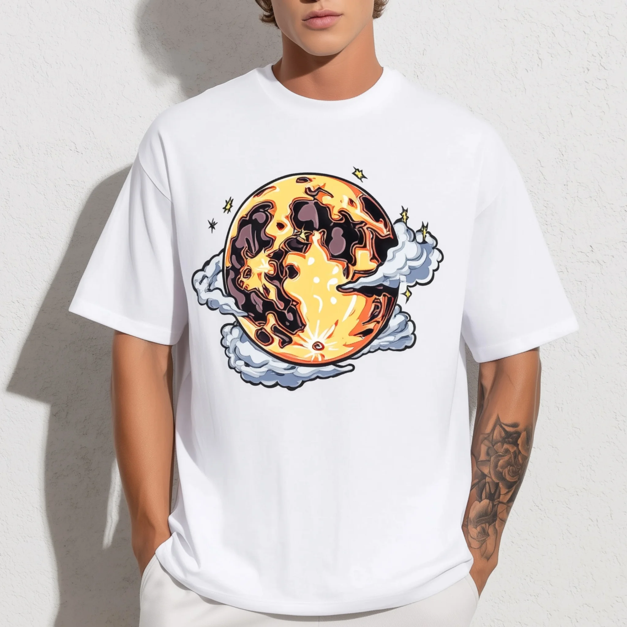 

Teevo White Short Sleeve T-Shirt with Fiery Planet and Clouds Print for Casual Wear