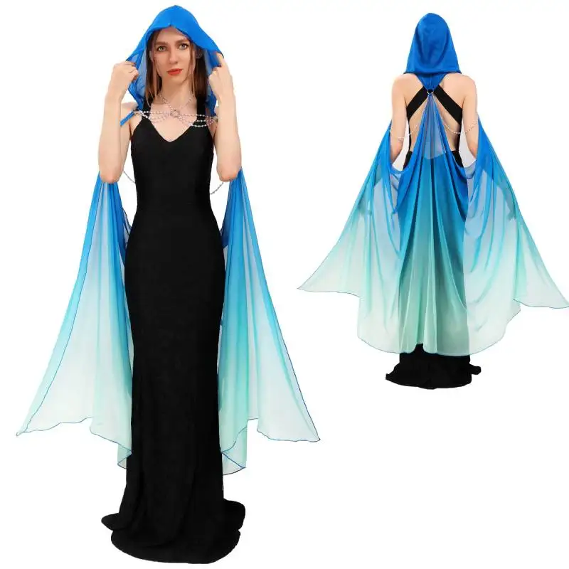 

DAZCOS Hooded Cape for Women Tulle Gothic Fairy Cloak Off Shoulder Fantasy Capelet Full Length 112CM